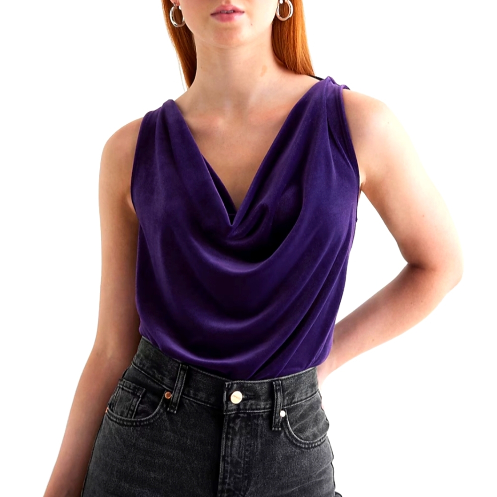 EXPRESS: Velvet Double Cowl Neck Sleeveless Bodysuit